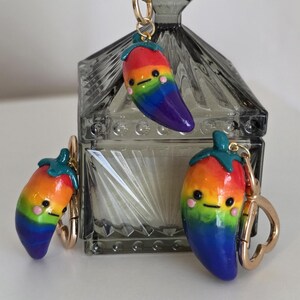 May include: Three rainbow-coloured chilli pepper keychains with gold-toned metal clasps. Each chilli pepper features a smooth, glossy gradient finish transitioning from red to orange, yellow, green, blue, and purple, with a teal stem, black eyes, and pink cheeks.