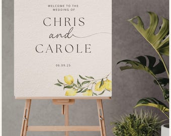 Zitrone Hochzeit Willkommensschild Vorlage | Bearbeitbares Canva Design | Mediterrane Hochzeitsdekoration