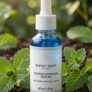 May include: A clear glass dropper bottle containing blue serum with a white label reading Earthly Grace Copper Renewal Serum with Copper Tripeptide-1, GHK-CU, 30 ml 1 fl oz. The bottle features a white dropper cap and is labeled for luxury use.