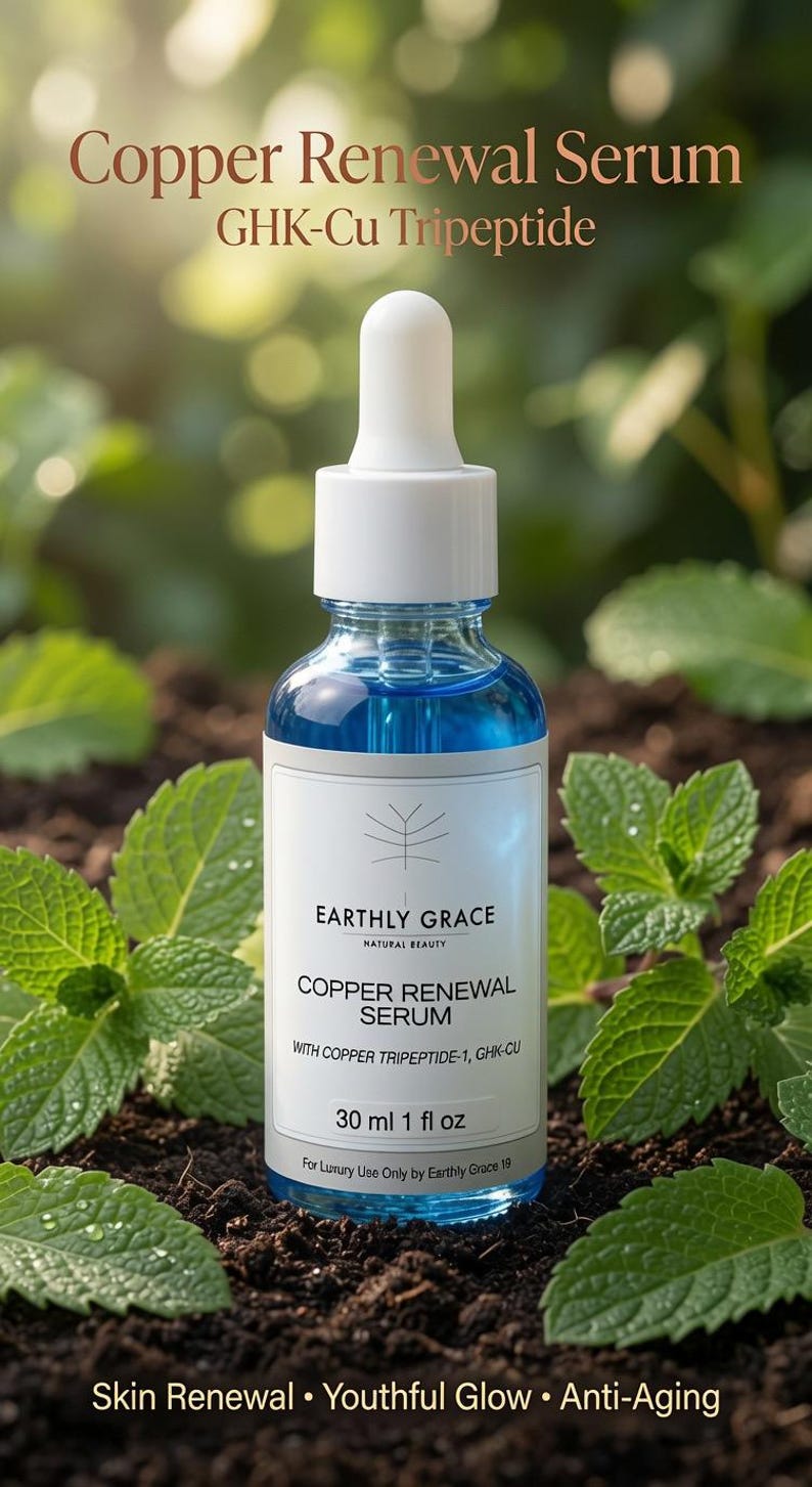 May include: A clear glass dropper bottle containing blue serum with a white label reading Earthly Grace Copper Renewal Serum with Copper Tripeptide-1, GHK-CU, 30 ml 1 fl oz. The bottle features a white dropper cap and is labeled for luxury use.