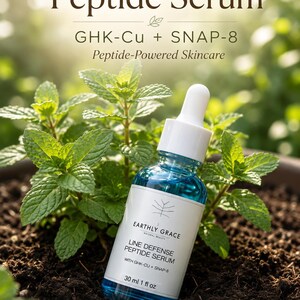 May include: A blue glass dropper bottle of Earthly Grace Line Defense Peptide Serum with a white label. The label reads Line Defense Peptide Serum, GHK-Cu + SNAP-8, and 30 ml 1 fl oz. The bottle is placed in dark soil near green mint plants.