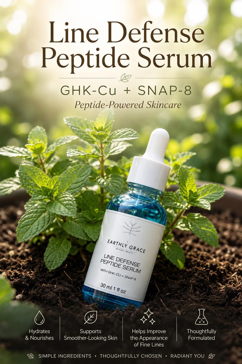 May include: A blue glass dropper bottle of Earthly Grace Line Defense Peptide Serum with a white label. The label reads Line Defense Peptide Serum, GHK-Cu + SNAP-8, and 30 ml 1 fl oz. The bottle is placed in dark soil near green mint plants.