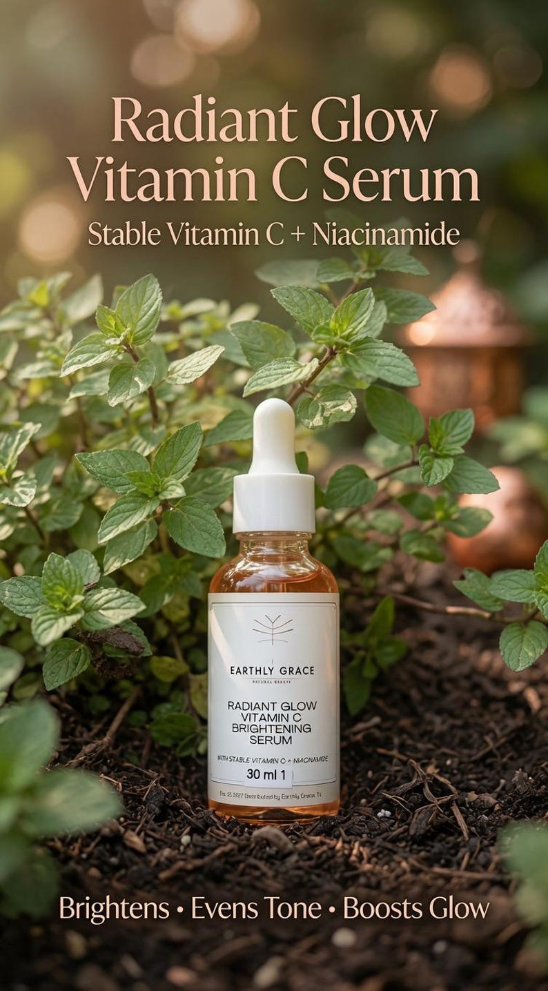 May include: A clear glass dropper bottle of Earthly Grace Radiant Glow Vitamin C Brightening Serum with 30 ml capacity. The label features the text Radiant Glow Vitamin C Brightening Serum, Stable Vitamin C + Niacinamide, and 30 ml.