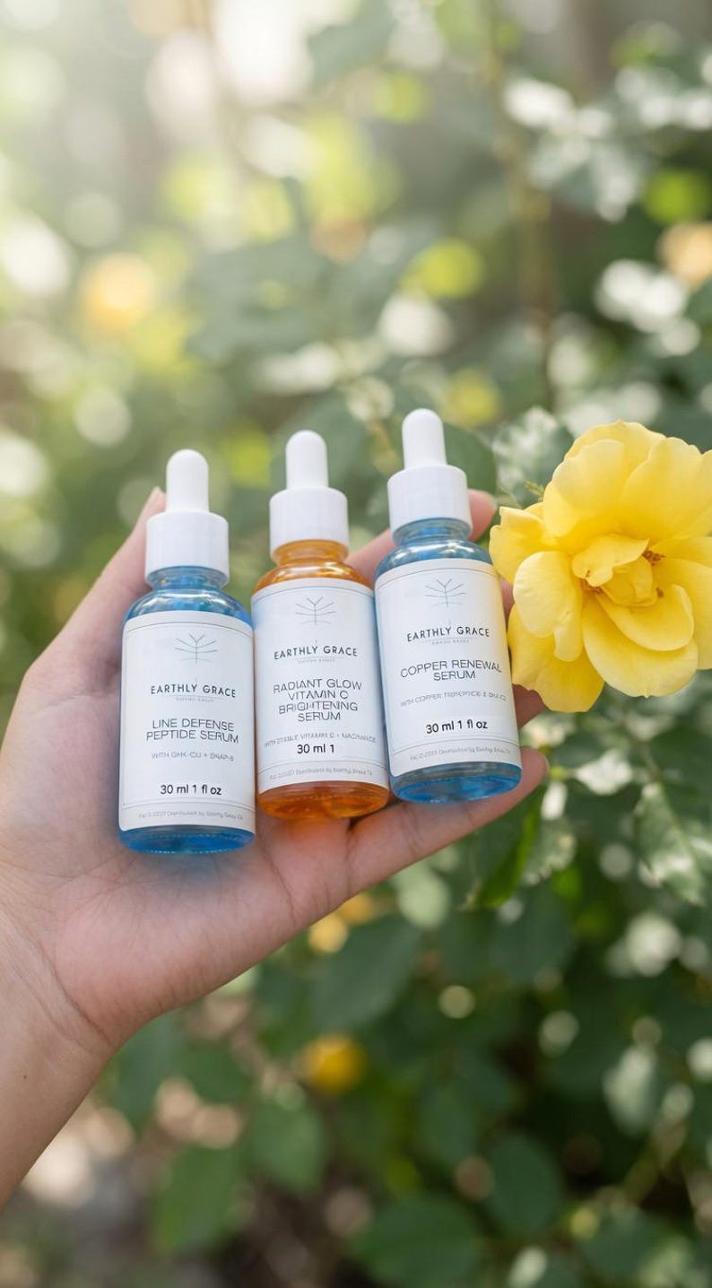 May include: Three glass dropper bottles labeled Earthly Grace. The left bottle contains blue liquid labeled Line Defense Peptide Serum 30 ml 1 fl oz. The center bottle contains orange liquid labeled Radiant Glow Vitamin C Brightening Serum 30 ml 1 fl oz. The right bottle contains blue liquid labeled Copper Renewal Serum 30 ml 1 fl oz.