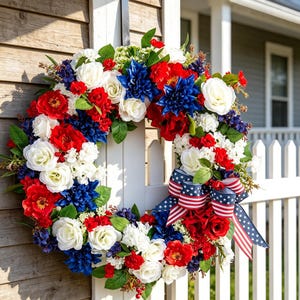 Pode incluir: Uma grinalda floral com flores vermelhas, brancas e azuis, incluindo rosas e dálias. A grinalda é adornada com uma fita com o design da bandeira americana, perfeita para o Dia da Independência ou outros feriados patrióticos.