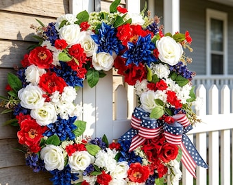 Patriotic wreaths for July 4th, red, white and blue wreaths for the front gate, decorations for the 250th anniversary of the United States