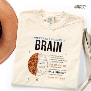May include: An ivory t-shirt featuring a graphic of a brain split into two halves. The left side is orange and textured, while the right side is a technical diagram with labels including Software Engineer's Brain, Debugging Lobe, and Data Integrity.