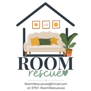May include: A logo featuring a dark blue house outline containing a beige sofa with yellow and green pillows, a potted plant, and three wall frames. Below, the text reads ROOM rescue with a heart, email address, and Etsy shop name RoomRescueusa.