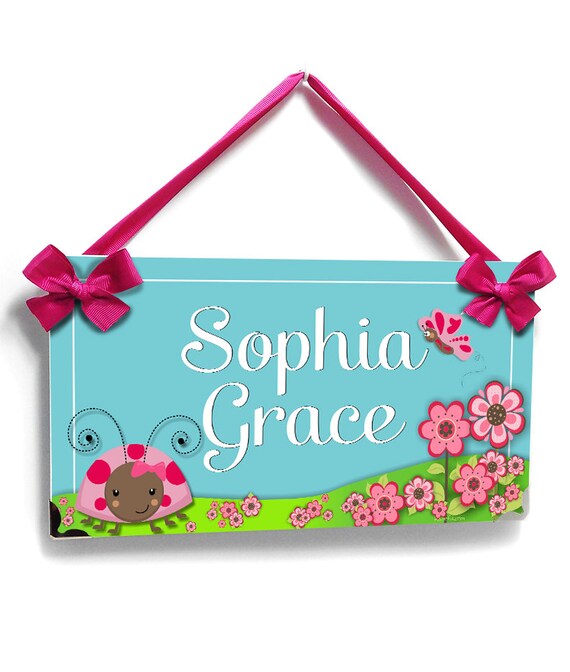 Pretty Ladybug And Cute Pink Flowers On Garden Baby Door Sign Pink Girls Bedroom Decor Personalised Kids Door Signs P19