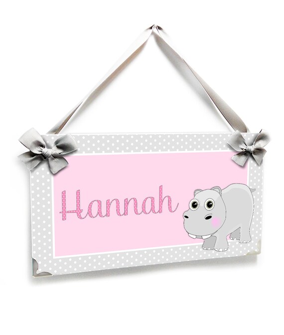 Personalized Girls Bedroom Door Sign Pink And Grey Hippo And Polka Dots Pk44 Christmas Gift