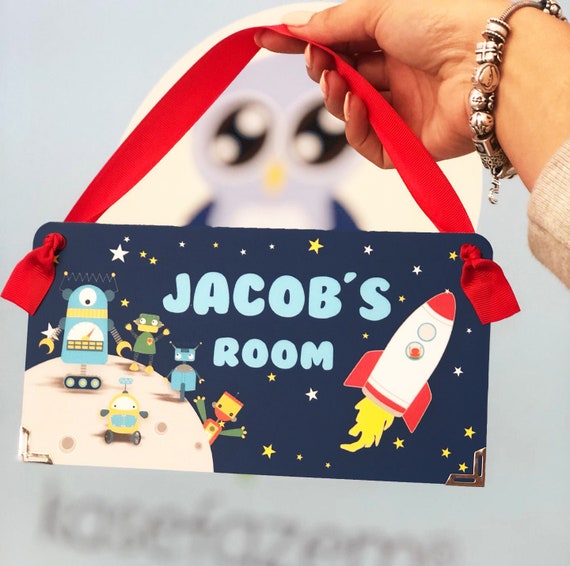 Custom Robot Space Themed Kids Door Sign Boys Bedroom Door Plaque Personalized Name Plaque P2367 Christmas Gift