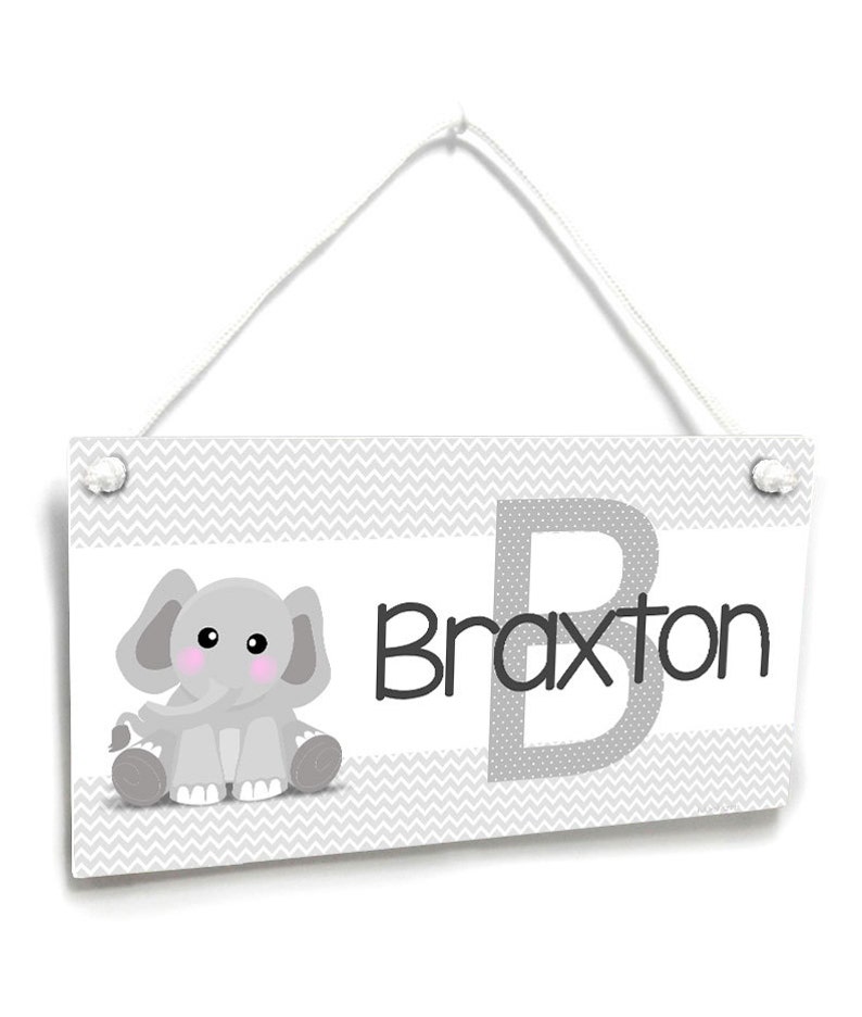 P2519 personalized baby boy bedroom door sign elephant and chevron boys nursery decor grey accents decor