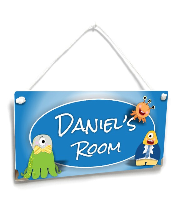 Personalized Kids Door Signs Funny Little Monsters Bedroom Wall Plaque Blue Boys Room Decor P166