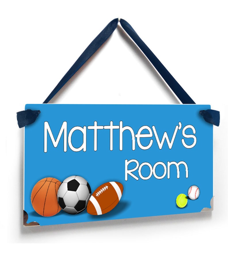 P2057 personalized sports themed kids bedroom door sign soccer football basket rugby