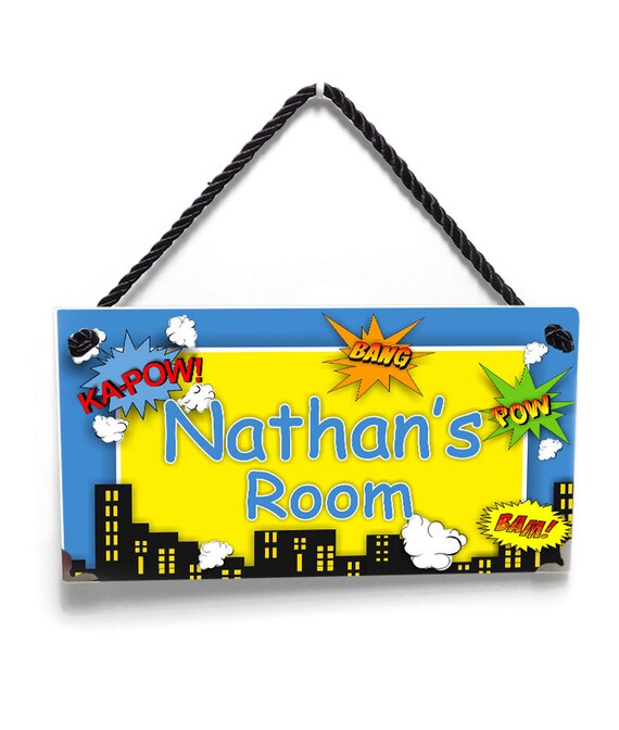 Kids Door Signs Boys Super Hero Comics Bedroom Nursery Art Decor Personalized Name Yellow Background P155 Christmas Gift
