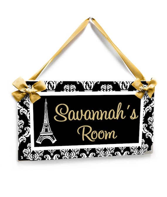 Kids Bedroom Personalized Plaque Paris Elegant Black And Gold Inspired Accents Girls French Themed With Eiffel Tower Door Sign P2406