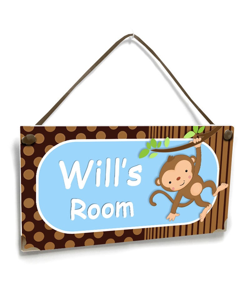 blue decor cute mod monkey personalized newborn baby boy door sign for kids bedroom P299