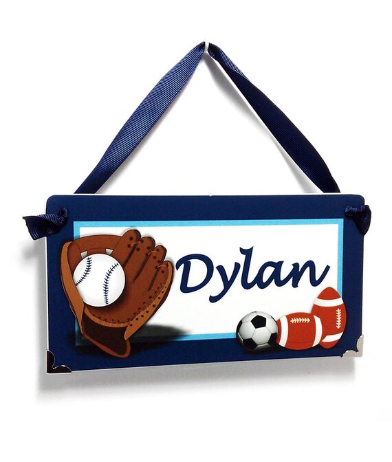 Sports Theme Kids Door Sign Boys Bedroom Decor Plaque Baseball Glove And Ball Rugby And Football Pl2136 Christmas Gift