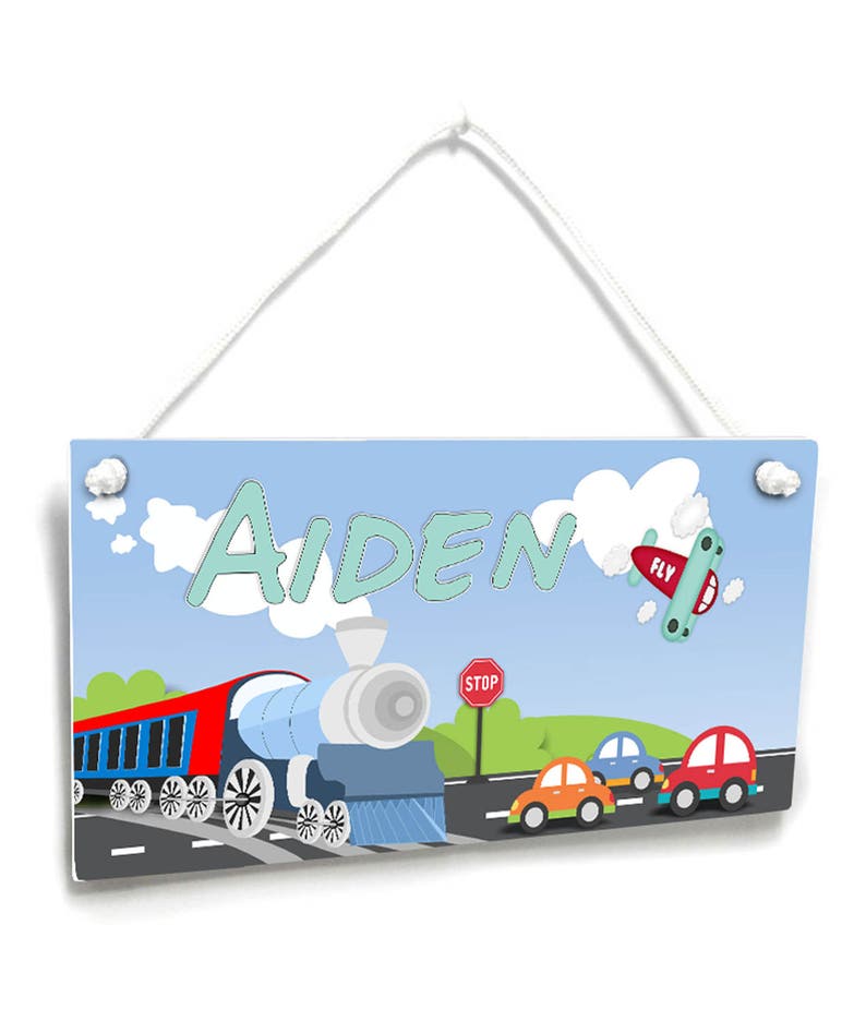 Personalized transportation theme door sign boys bedroom name plaque P259