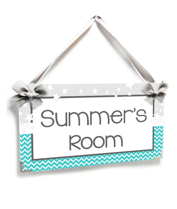Girls Bedroom White Grey And Teal Stars Chevron Decor Door Sign Personalized Name Plaque P2065