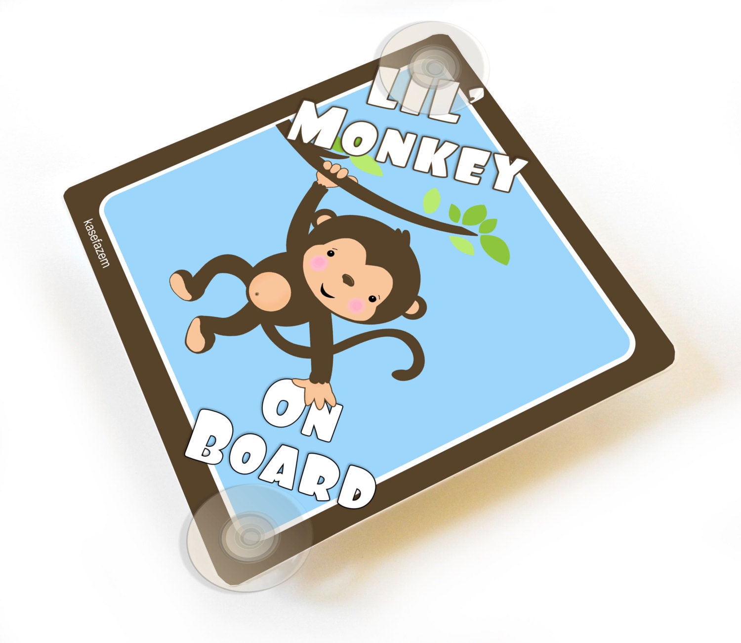 Lil Monkey on Board Baby Boy Car Sign Blue and Brown Accents Vehicle Sign Cups 
