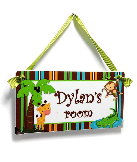 Jungle Animals Kids Bedroom Door Sign Monkey Aligator Giraffe Brown Green Boys Gift P172