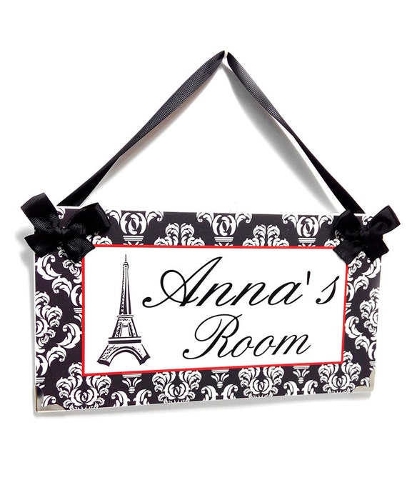 Custom Grey Damask Pattern Door Sign Girls Paris French Themed Bedroom Decor Eiffel Tower P673