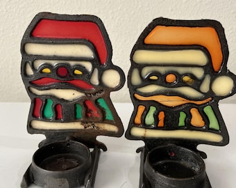 2 Vintage STAINED GLASS Christmas Santa Candle Holder Cast Iron Votive Tea Light