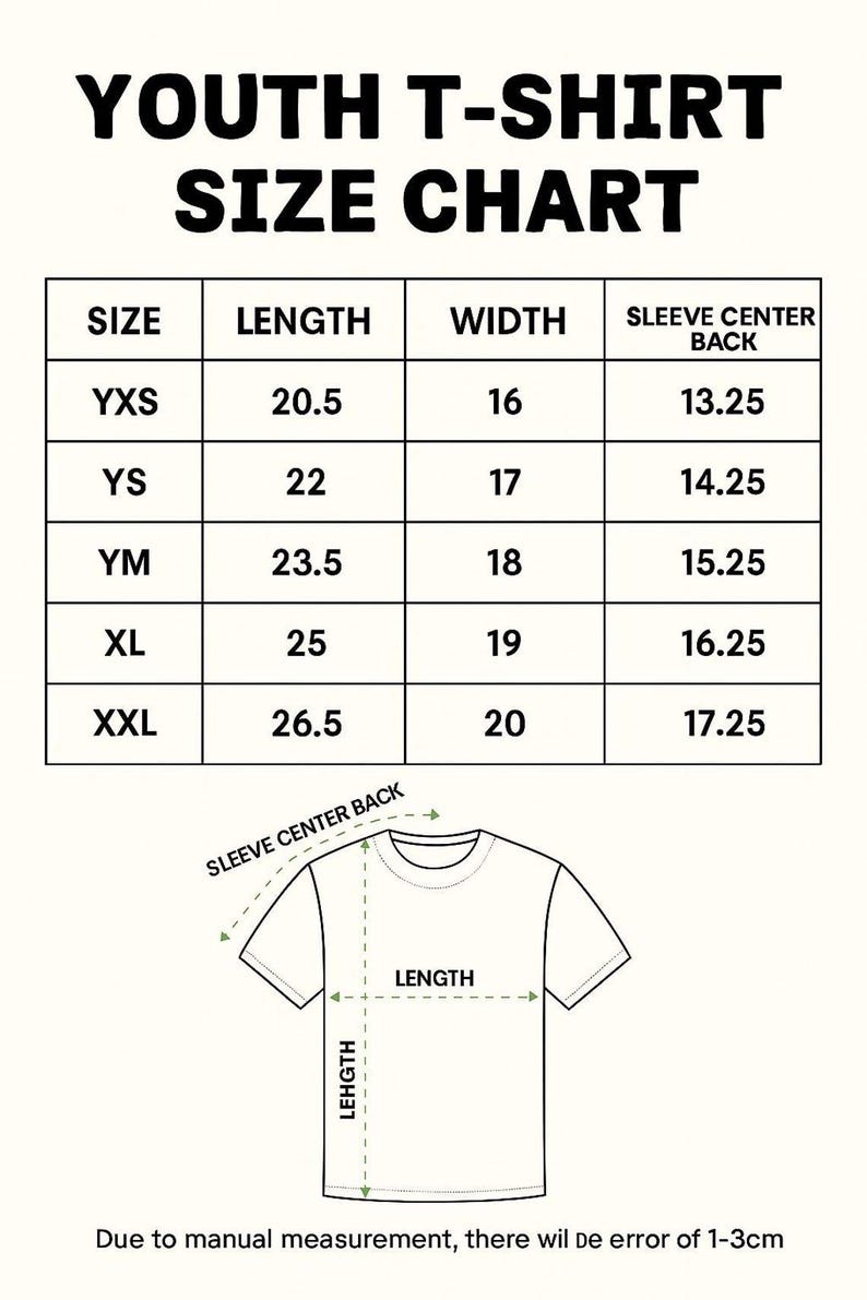 May include: A youth t-shirt size chart with a table listing sizes YXS to XXL, including length, width, and sleeve center back measurements in inches. Below the table is a line drawing of a t-shirt with arrows indicating measurement points.