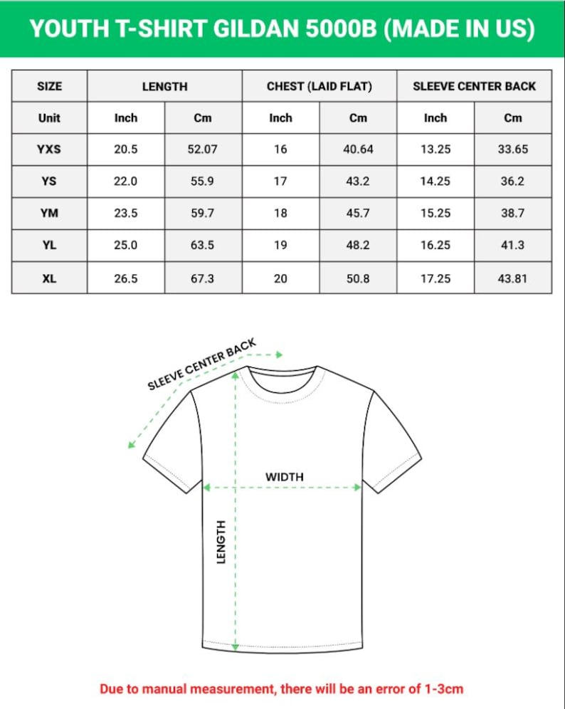 May include: A size chart for a Gildan 5000B youth t-shirt featuring a table with length, chest, and sleeve measurements in inches and centimeters, alongside a line drawing of a t-shirt showing how to measure length, width, and sleeve center back.