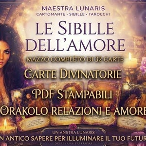 Può includere: Un set di 32 carte divinatorie intitolato Le Sibille dell'Amore, con illustrazioni di candele e rose viola. Il testo include Maestra Lunaris, Cartomante, Sibille, Tarocchi e PDF Stampabili, con una donna raffigurata sulla sinistra.