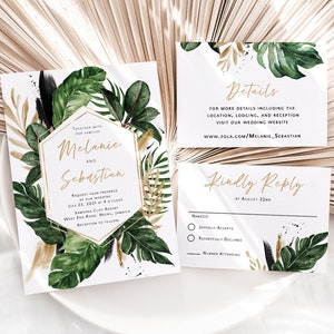 Tropical Wedding Invitation Suite printed, Jamaica wedding invite, Hawaii wedding, tropical gold, W141