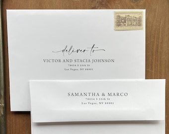 May include: White envelope with black calligraphy that reads "deliver to" followed by the names "Victor and Stacia Johnson" and their address. Below that is another white envelope with black calligraphy that reads "Samantha & Marco" and their address. The text "* Only available with the purchase of our invitations. We use the envelopes from your invite order to print on." is at the bottom of the image.