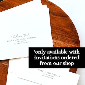 May include: White envelopes with black calligraphy for wedding invitations. The text on the envelopes reads "deliver to Jessica and John Thompson" and "Jessica and Thomas". The text "*only available with invitations ordered from our shop" is written in black on a white background.