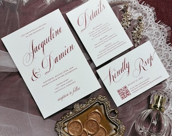 Burgundy Wedding Invitation Suite Printed: qr code RSVP and Details Card, Summer, Fall, W303