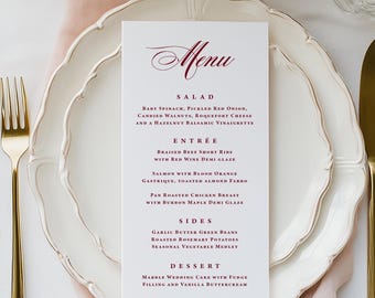 Burgundy Wedding Menu Printed: Personalized Rehearsal Dinner, Shower or Party, M109