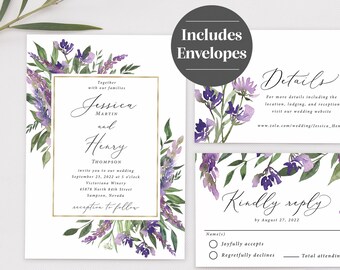 Any Custom Text For Any occasion Wedding Invites Cadbury Purple /& White Watercolour Floral Personalised Wedding Invitations With Envelopes