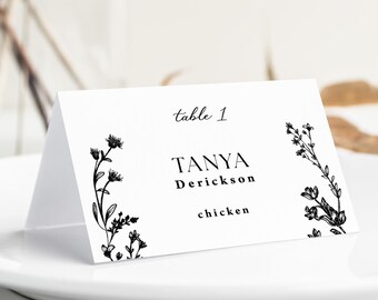 Tarjetas de mesa para boda con estampado floral negro e indicación de menú: invierno, cena navideña PC222
