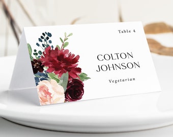 Navy and Burgundy Wedding Place Cards, Meal Choice, Printed, escort cards, name cards, PC113