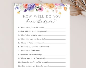 Pastel Wildflowers How Well Do you know the Bride printed, Bridal Shower Game