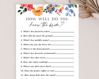 How Well Do you know the Bride printed, Bridal Shower Game, shower games, wedding shower game, Who knows the bride best, wildflower shower