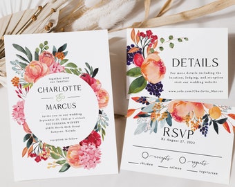 Bright Floral Wedding Invitation Printed Set, summer wedding invite, spring wedding invite, pink floral wedding invite, printed, W112