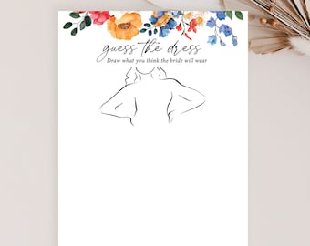 Guess the Dress Bridal Shower Game Printed, dress game, bridal shower games, draw the dress, wildflower, wedding shower