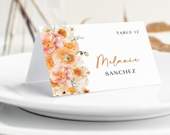 Printed Peach and Pink Floral Place Cards, place cards with names, printed place cards, escort cards, wedding place cards, orange, PC123