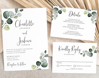 Eucalyptus Wedding Invitation Printed, with Envelopes, greenery wedding invitation, RSVP card, Details card, simple eucalyptus invite, W184