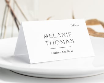Simple Wedding Place Cards with Meal Choice printed, place cards with names, modern wedding place cards, minimalist, black and white, PC136