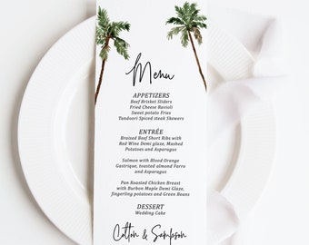 Palm Tree Wedding Menu printed, printed menu cards, dinner menu cards, reception menu, wedding reception, tropical wedding menu, M106