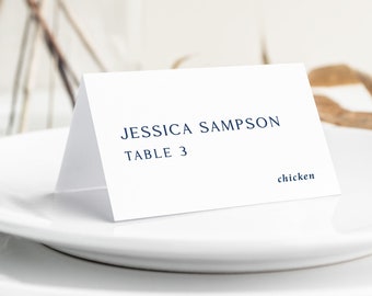 Navy Blue Place Cards with Meal Choice printed, place cards with names, minimalist wedding place cards, simple, blue and white, PC139