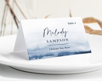 Beach Wedding Place Cards with Meal Choice printed, place cards with names, nautical wedding place cards, blue and white, PC137