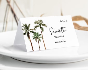 Palm Tree Place Cards with Meal Choice printed, place cards with names, modern wedding place cards, simple wedding, black and white, PC133